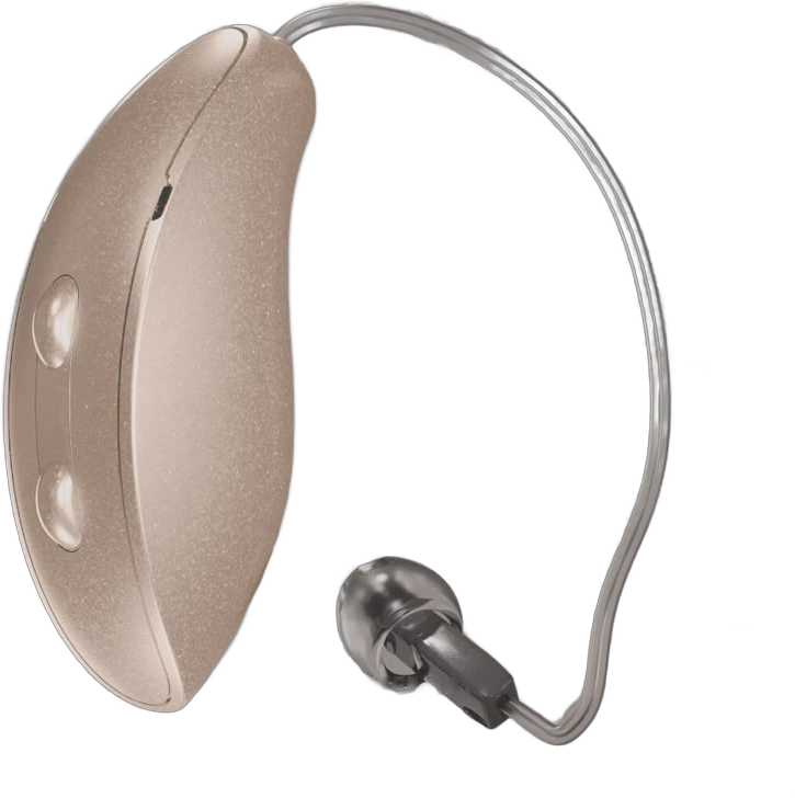 Aparelho auditivo retroauricular discreto na cor champanhe